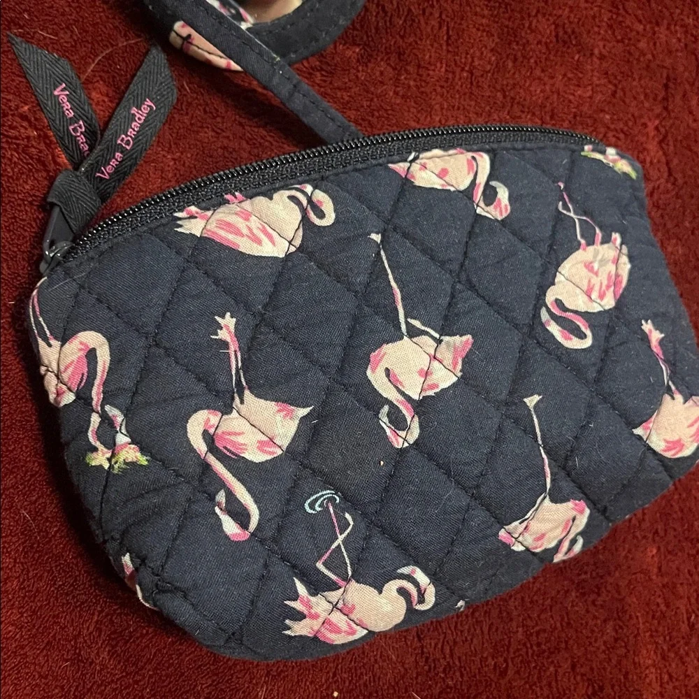 Vera Bradley Black and Pink Flamingo Quilted Small Pouch with Mirror